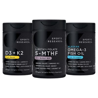 Thumbnail for Sports Research® Multivitamin Pack - Methyl Folate 1000 mcg + B12 2000 mcg, Vitamin D3 5000iu + K2 100mcg, and Alaskan Omega-3 Fish Oil 1250mg