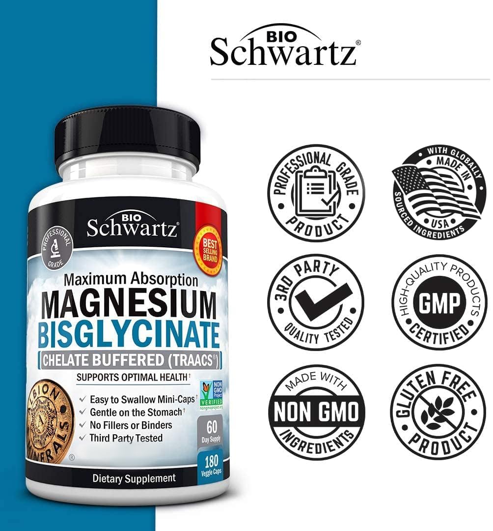 Magnesium Bisglycinate Chelated Supplement - High Absorption Magnesium Glycinate Supplement for Women and Men - Sleep, Muscle, Bone & Joint Support - Non-GMO, Non-Laxative Chelate - 180 Capsules