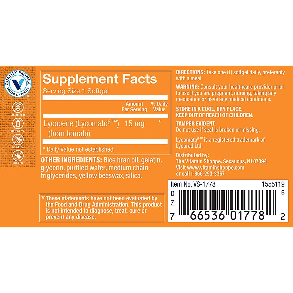 The Vitamin Shoppe Lycopene 15MG, Antioxidant That Supports Cardiovascular, (60 Softgels)