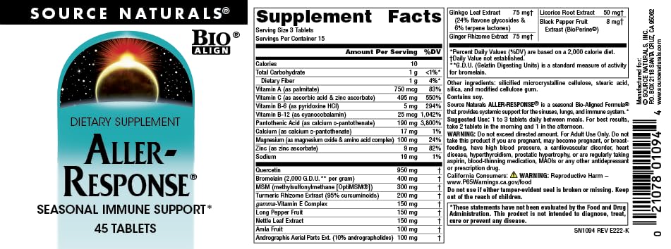 Source Naturals Aller-Response, Seasonal Immune Support* - 45 Tablets