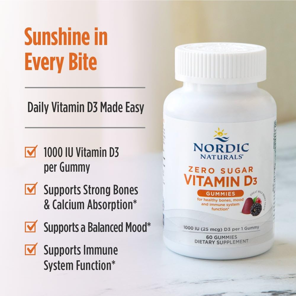 Nordic Naturals Zero Sugar Vitamin D3 Gummies, Wild Berry - 60 Gummies - 1000 IU Vitamin D3 - Great Taste - Healthy Bones, Mood & Immune System Function - Non-GMO - 60 Servings