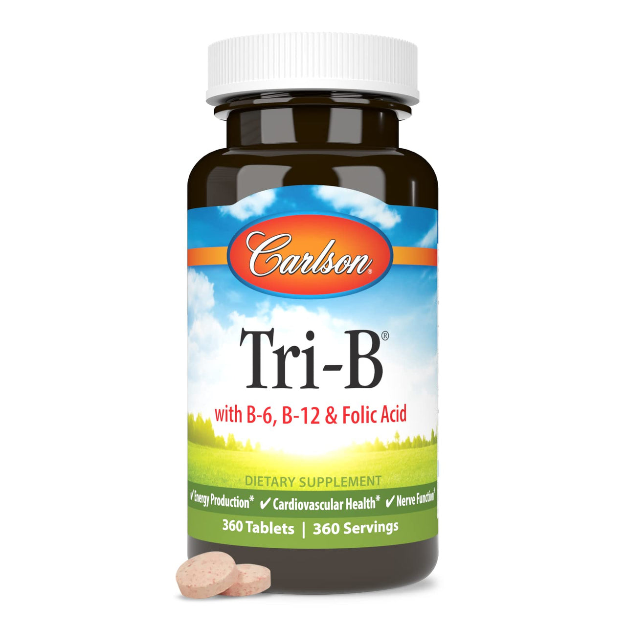 Carlson - Tri-B, Vitamin B Complex, 25 mg Vitamin B-6, 400 mcg Vitamin B-12, Folic Acid Energy Pills, Promote Cardiovascular Health, B Complex Vitamins, B12 Supplement, B Vitamin Complex, 360 Tablets