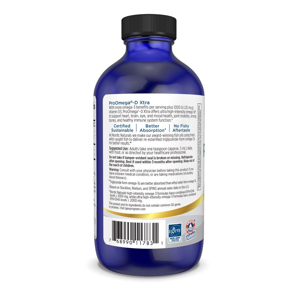 Nordic Naturals ProOmega-D Xtra Liquid, Lemon Flavor - 8 oz - 3400 mg Omega-3 + 1000 IU D3 - High-Potency Fish Oil - EPA & DHA - Brain, Eye, Heart, & Immune Health - Non-GMO - 48 Servings