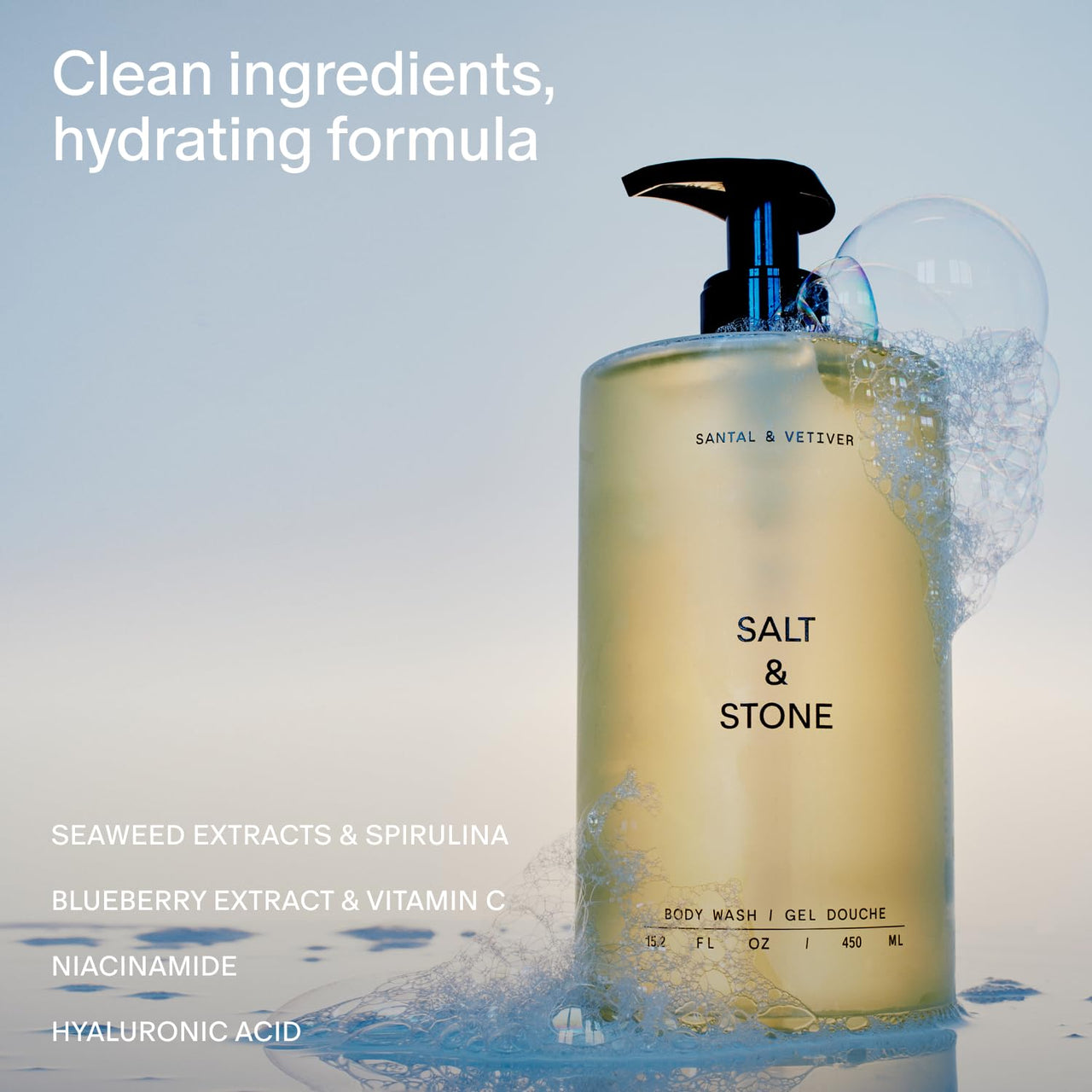 Salt & Stone Body Wash with Antioxidants for Deep Moisture | For Women & Men, Sulfate, Paraben, & Dye Free, Leaving Skin Soft and Hydrated | Santal & Vetiver 15.2 fl oz