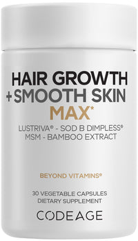 Thumbnail for Codeage Hair Growth + Smooth Skin Max Vitamins Supplement - Patented Lustriva & SOD B Dimpless Superoxide Dismutase - Hair Growth Health Skin Cellulite Support - Biotin, Vitamin C, MSM - 30 Capsules