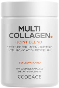 Thumbnail for Codeage Multi Collagen Protein + Joint Blend Supplement, Hyaluronic Acid, Bromelain, Turmeric, Ginger, Boswellia, Astaxanthin - Hydrolyzed Bovine Collagen - 5 Collagen Types - Non-GMO - 90 Capsules