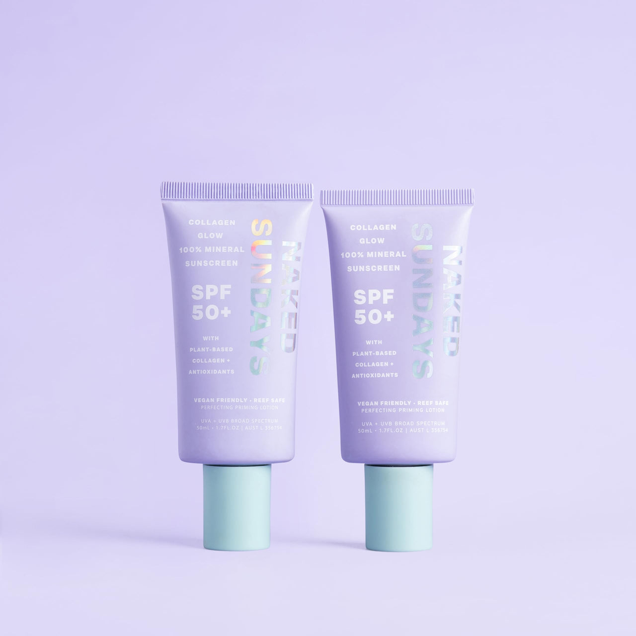 Naked Sundays SPF 50+ Collagen Glow 100% Mineral Sunscreen, Hydrating SPF with Zinc Oxide, Vegan Collagen, Primer & Sheer Tint, Mineral SPF for Healthy Glow - 2 pack