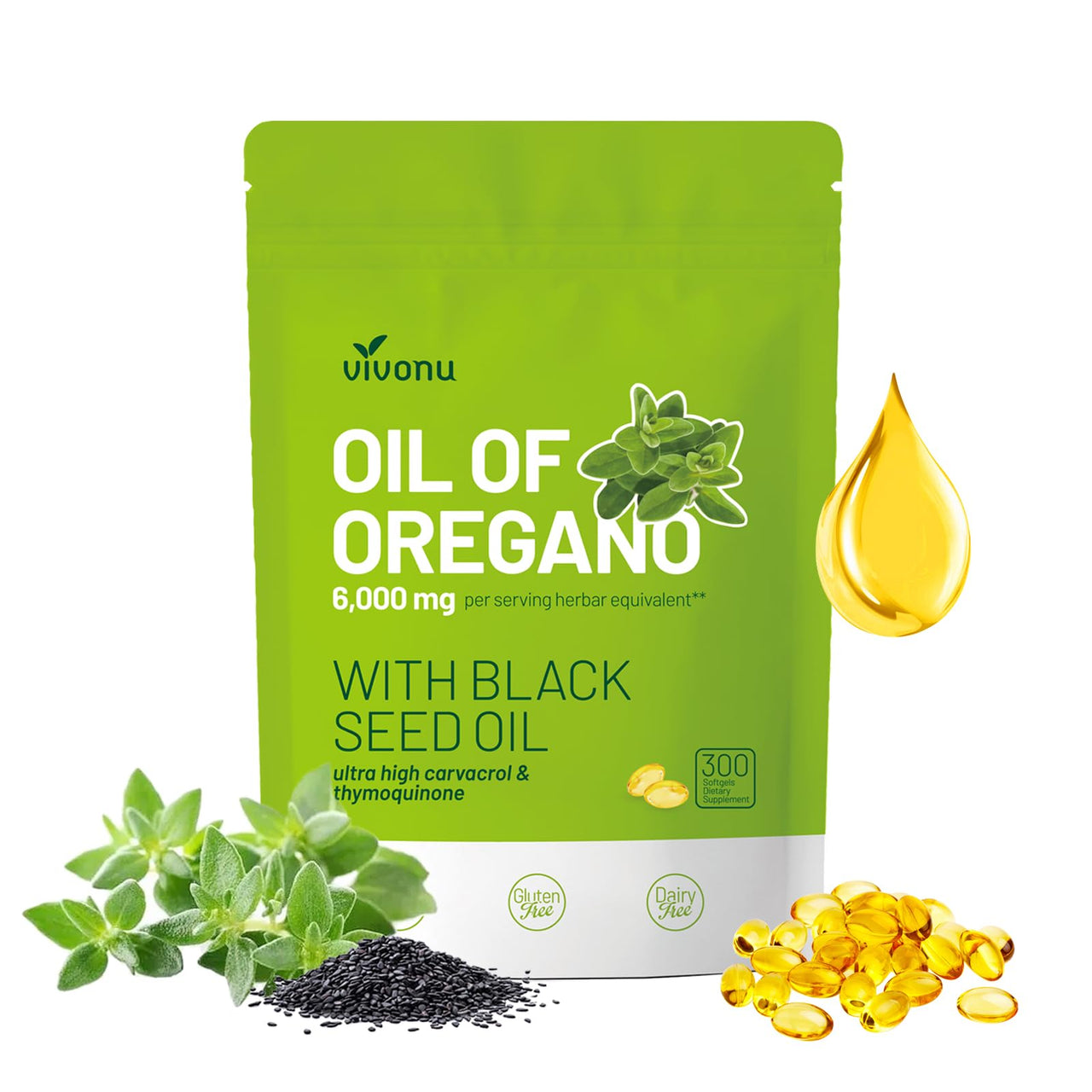 VivoNu Oil of Oregano Capsules, Balanced Oil of Oregano with Black Seed Oil, Organic OreganoOil Softgels,Carvacrol,Thymoquinone, Non-GMO