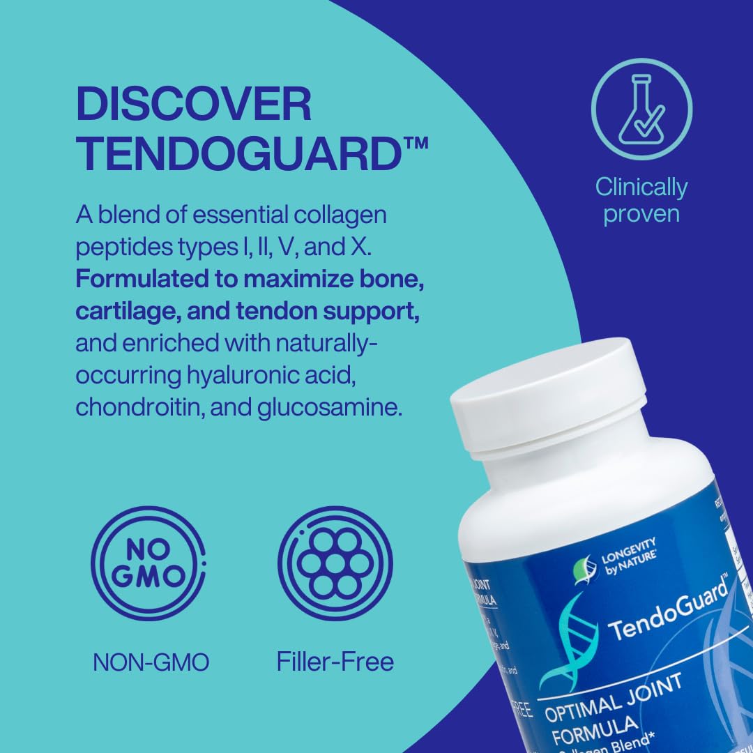 Longevity by Nature TendoGuard Joint Support Supplement with Collagen Peptides, Hyaluronic Acid Supplements, Tendon and Ligament, 60 Capsules