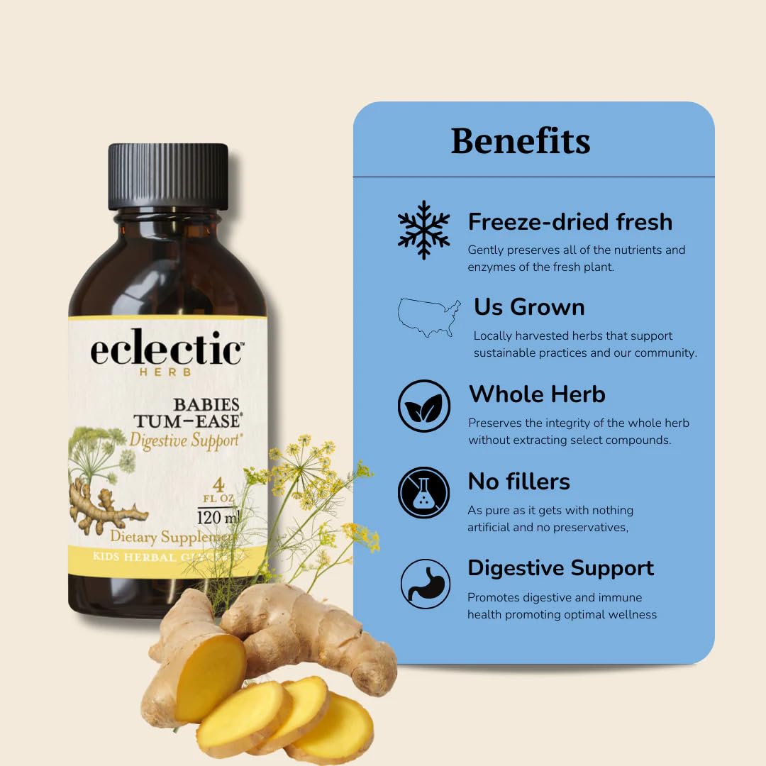 Eclectic Herb - Tum-Ease for Kids Liquid Drops | Soothing Digestive Support for Calm Tummies | Herbal Supplement | Vegan, Alcohol-Free, Wildcrafted, Non-GMO, Kid-Friendly (4 fl oz | 120 ml)