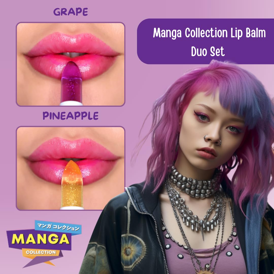 Rude Cosmetics Lip Balm Hydrating, Nourishing Lipbalm Set for Women, Lip Moisturizer for Dry Cracked Lips, Vegan & Cruelty-Free, Manga Collection/Grape & Pineapple