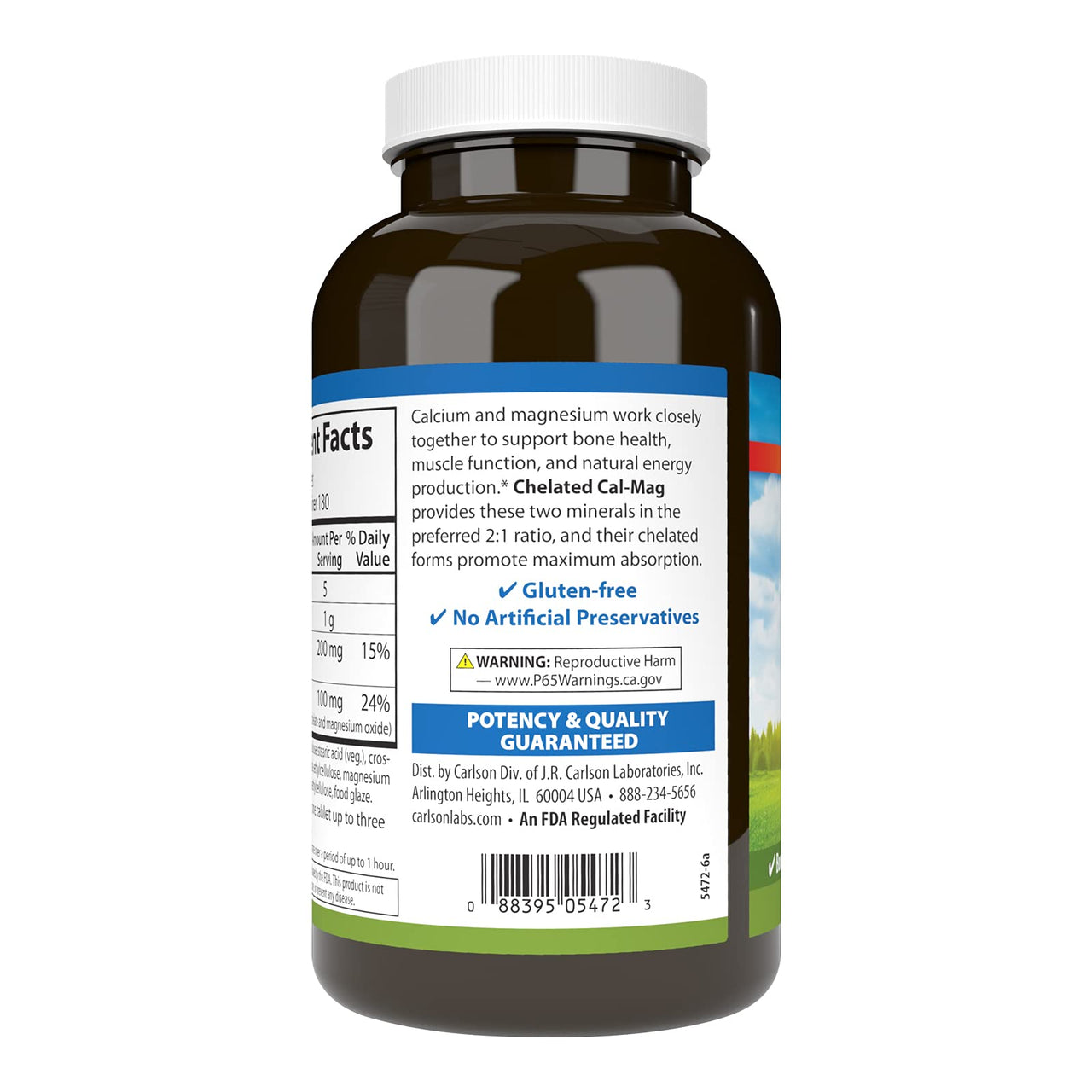 Carlson - Chelated Cal-Mag, 2:1 Calcium to Magnesium Ratio, Bone Support, Muscle Function & Energy Production, 180 Tablets