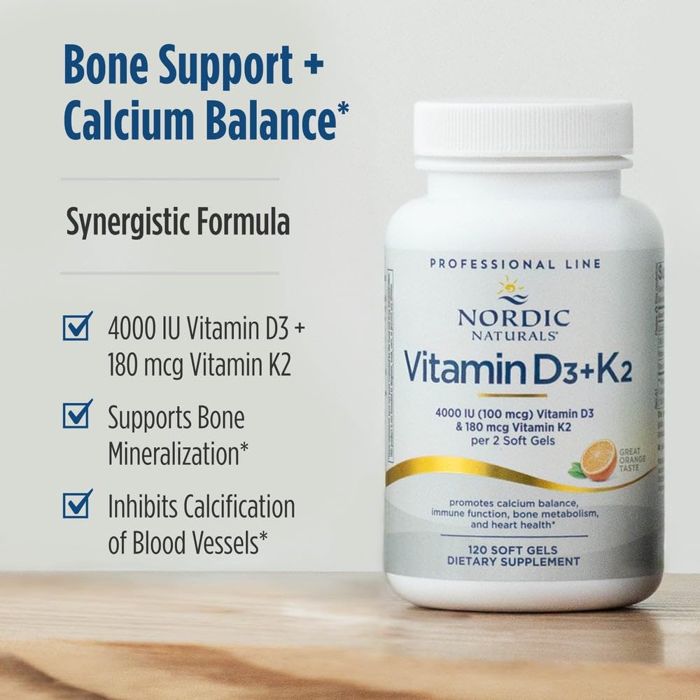Nordic Naturals Professional Grade Vitamin D3+K2 Supplement, Orange Flavor - 60 Soft Gels - 4000 IU Vitamin D3 & 180 mcg K2- Promotes Calcium Balance & Immune Function - Non-GMO - 30 Servings
