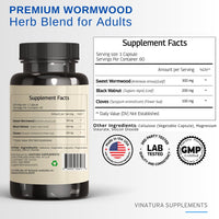 Thumbnail for VINATURA Wormwood Black Walnut Clove Capsules - Cleanse, Detox, Intestinal Guard Formula Supplement for Humans, with Wormwood herb, Black Walnut Extract Combination, 60 Capsules
