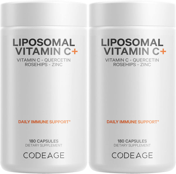 Codeage Liposomal Vitamin C 1500mg with Zinc, Elderberry, Citrus Bioflavonoids Grapefruit, Lemon, Orange Powder, Quercetin & Rose Hips Fruit – Vegan Supplement - Non-GMO, Vegan Pills - 2 Pack
