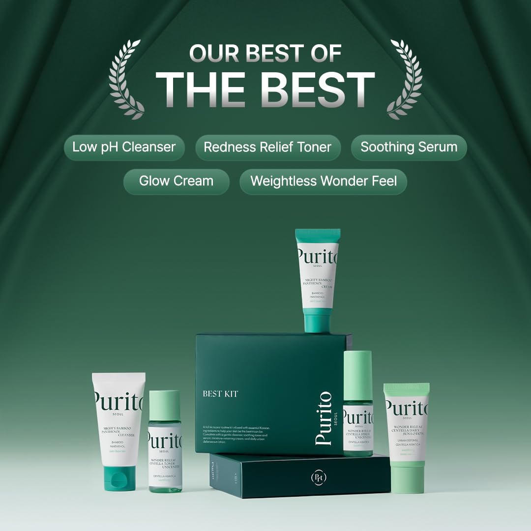 PURITO SEOUL Best Kit - Skincare Routine with Panthenol Cleanser & Cream, Unscented Centella Serum & Toner, For All Skin Types, Gift Set, For Face, Facial Serum, K-Beauty, 3.52 fl. oz.