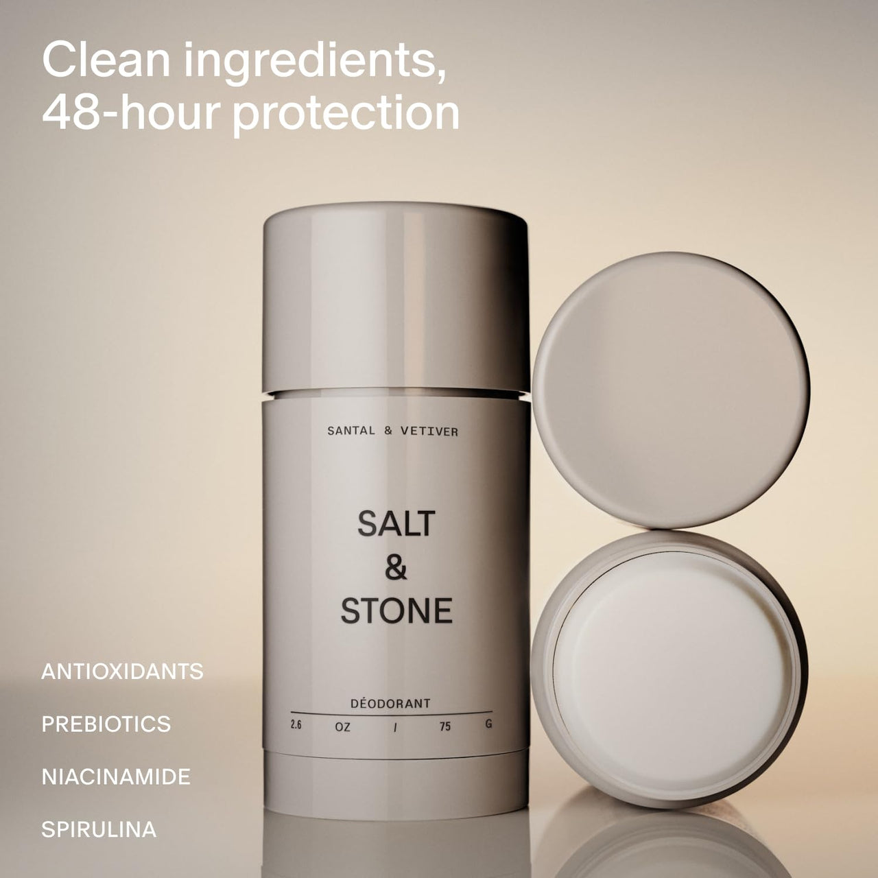 Salt & Stone Aluminum Free Deodorant | Extra Strength 48 Hour Protection for Women & Men | Made with Seaweed Extracts, Niacinamide & Prebiotics | Santal & Vetiver