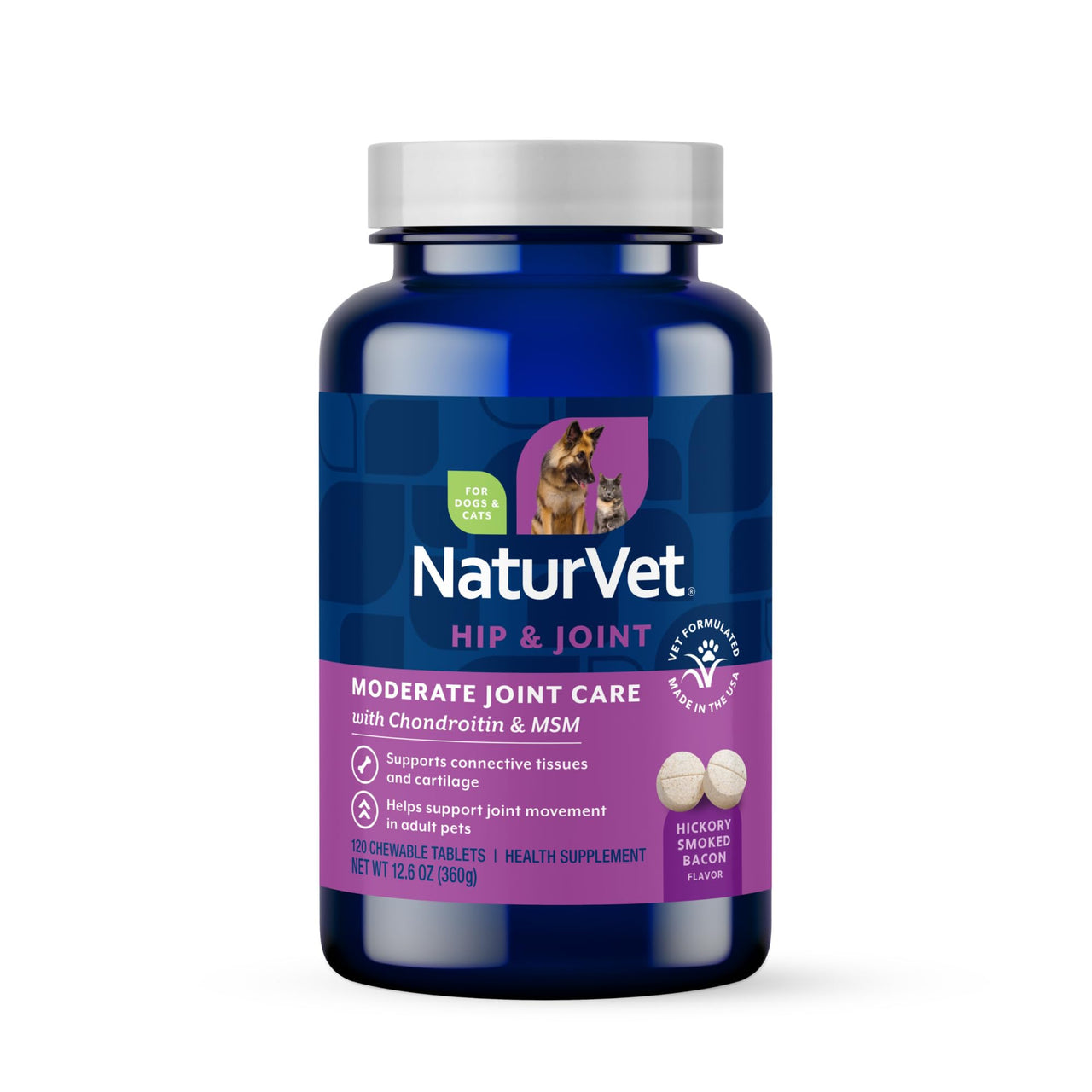 NaturVet Glucosamine DS Plus Level 2 Moderate Care Joint Support Supplement for Dogs and Cats, Chewable Tablets Time Release, Made in The USA, 120 Count