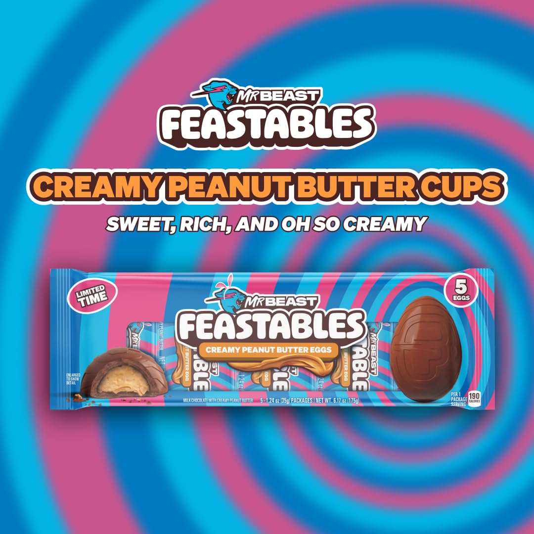 MrBeast Feastables Creamy Peanut Butter Eggs, Easter Limited Edition, 5 Count, Milk Chocolate with Peanut Butter Filling, 1.24oz Each