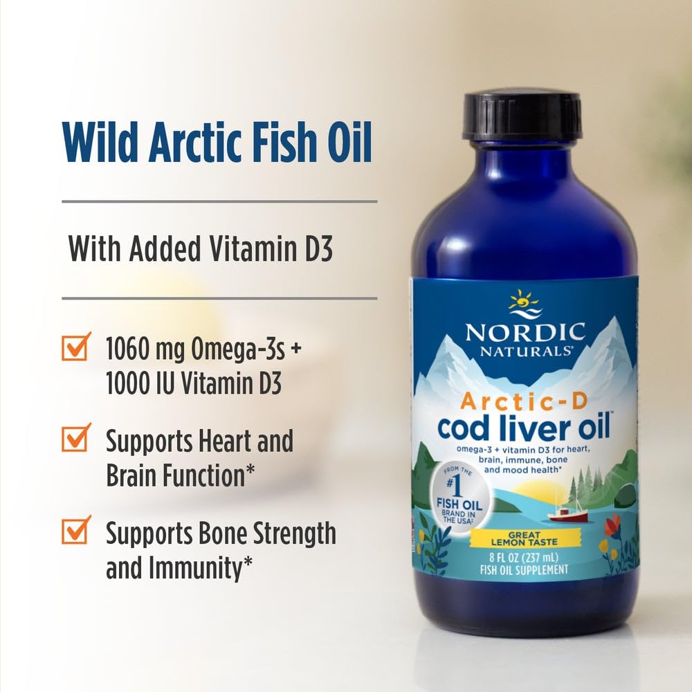 Nordic Naturals Arctic-D Cod Liver Oil, Lemon - 8 oz - 1060 mg Total Omega-3s + 1000 IU Vitamin D3 - EPA & DHA - Heart, Brain, Bone, Immune & Mood Support - Non-GMO - 48 Servings
