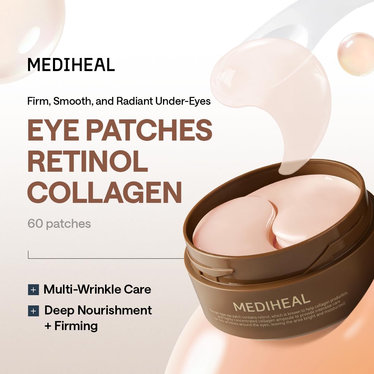 Mediheal Retinol Collagen Under Eye Patches - Korean Hydrogel Eye Pads (60 patches) with 95% Retinol & Collagen. Nourishing & Non Irritating Eye Gel Mask. Sealing Cap & Spatula Included.