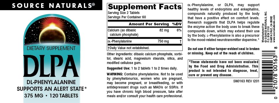 Source Naturals DLPA DL-Phenylalanine, Supports an Alert State* - 375 mg -120 Tablets