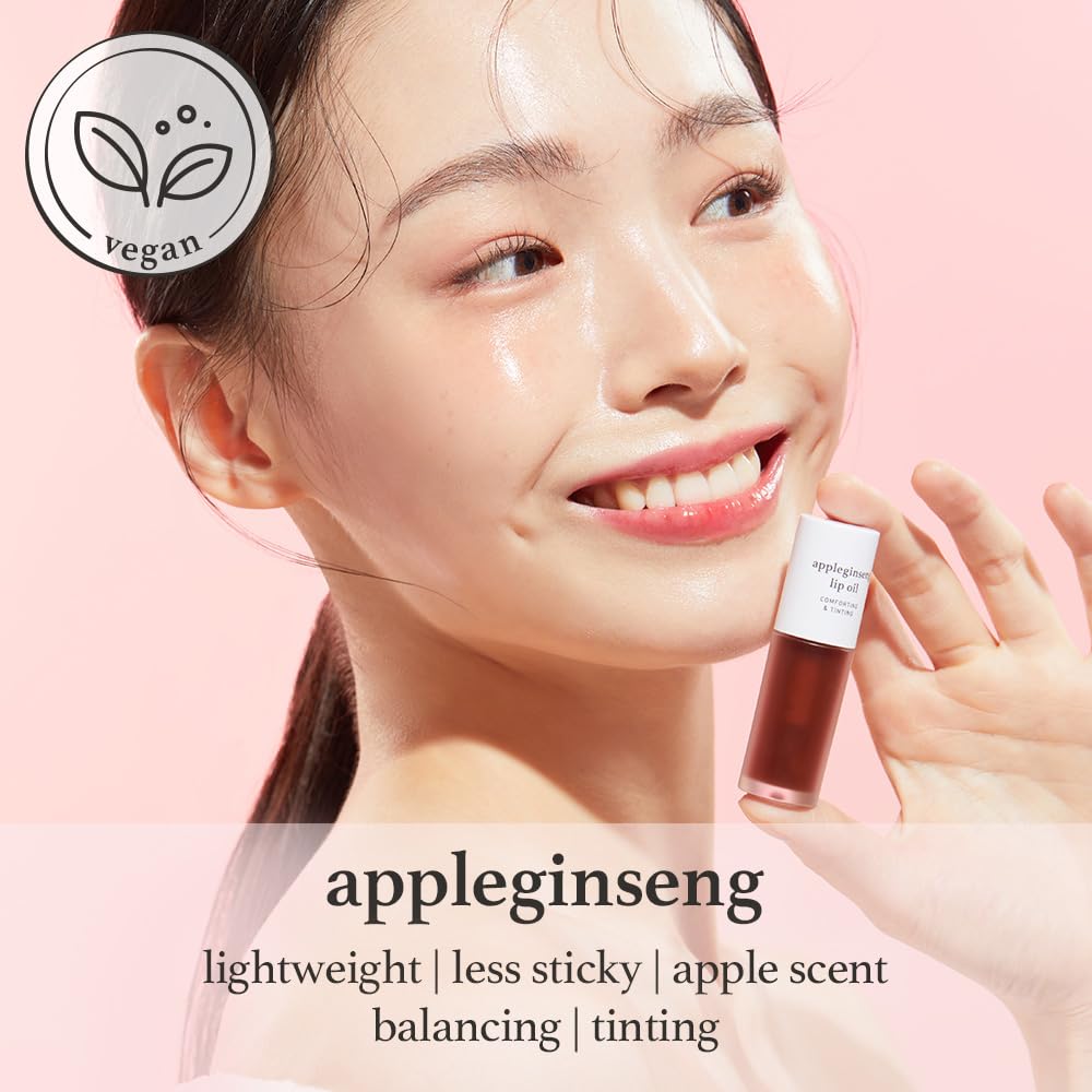 NOONI Korean Vegan Lip Oil - Appleginseng | Lip Stain, Gift, Long-Lasting, Moisturizing, Plumping, Revitalizing for Dry Lips, Waterproof, No Peel Off, Mother's Day, 0.12 Fl Oz