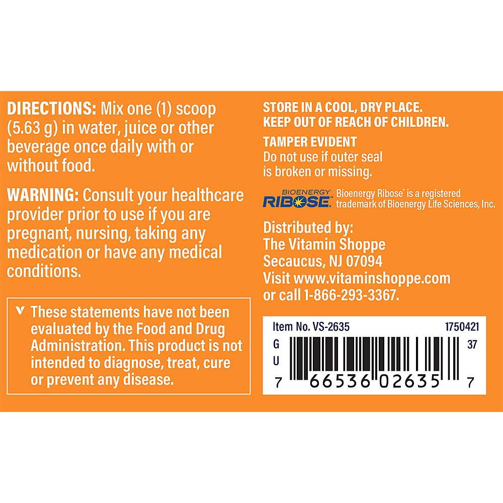 The Vitamin Shoppe D-Ribose Powder - ATP Energy Production & Heart Health | Pure 5-Carbon Sugar | 200g 40 Servings | Unflavored