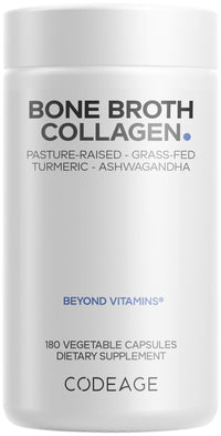 Thumbnail for Codeage Organic Bone Broth Collagen Peptides Capsules Supplement, Bone Broth Grass Fed Beef, Free-Range Chicken, Turmeric & Ashwagandha - Collagen Types I, II, III - Non-GMO - 180 Capsules
