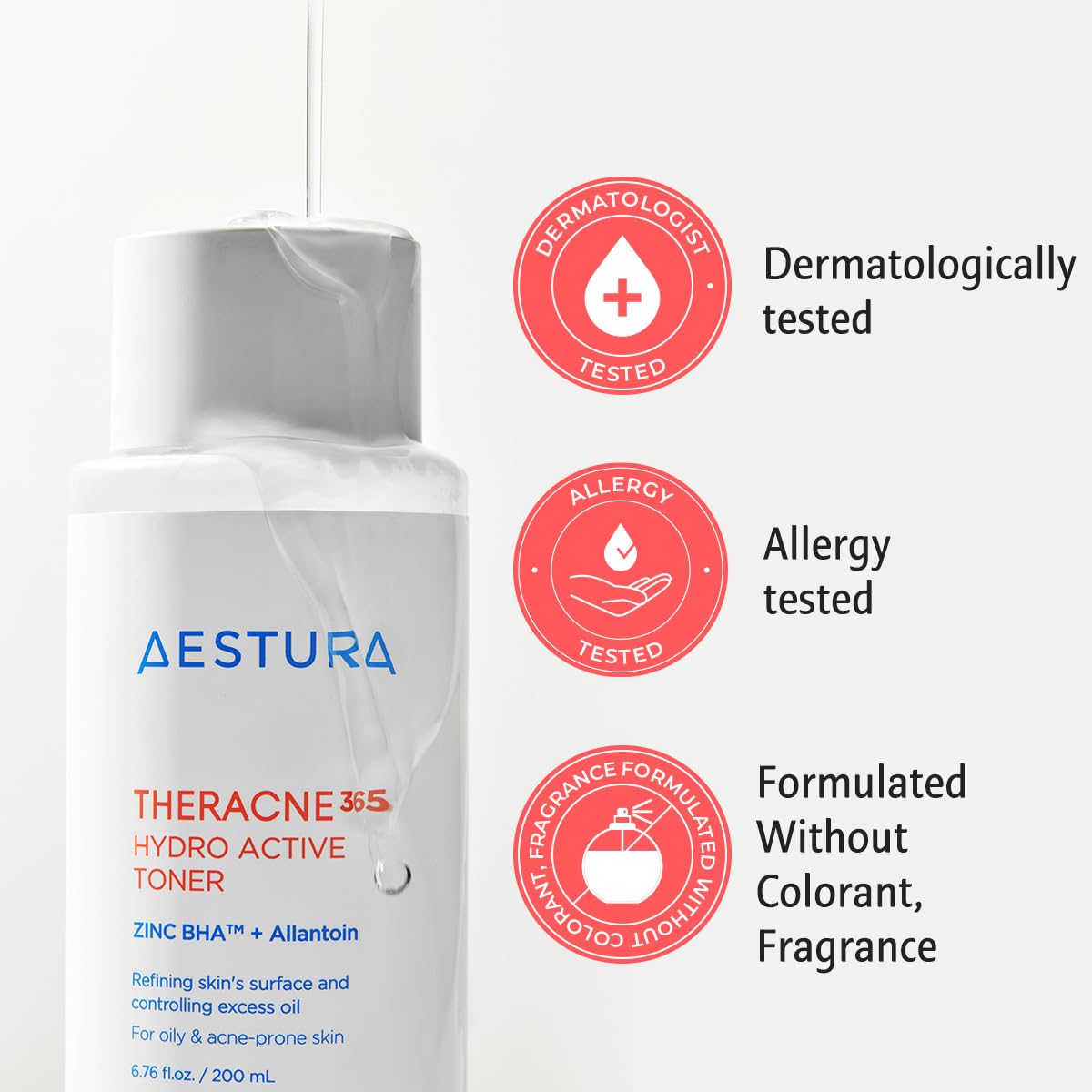 AESTURA THERACNE365 Hydro Active Toner for Acne-Prone Skin | Reduce Excess Oil, Improves The Smoothing Texture, Soothing Zinc & Sebum-Caring BHA, Non-comedogenic, 6.76 Fl Oz
