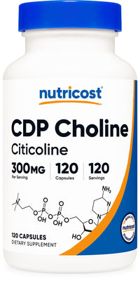 Thumbnail for Nutricost CDP Choline (Citicoline) 300mg, 120 Vegetarian Capsules - Non-GMO, Vegetarian Friendly, Gluten Free