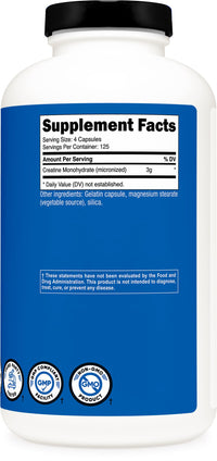 Thumbnail for Nutricost Micronized Creatine Monohydrate 3,000mg 500 Capsules, 125 Servings, 750mg of Creatine Monohydrate Per Capsule