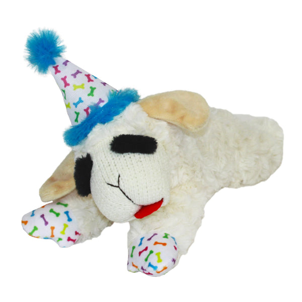 Multipet Lamb Chop Dog Plush Toy w/Birthday Hat - Squeaky Toy for All Dogs - Extra Soft Plush - Stuffed Animal for Cuddling & Playing (10.5", Blue Hat, 5 Squeakers)
