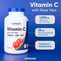 Thumbnail for Nutricost Vitamin C with Rose HIPS 1025mg, 240 Capsules - Vitamin C 1,000mg, Rose HIPS 25mg, Premium, Non-GMO, Gluten Free Supplement