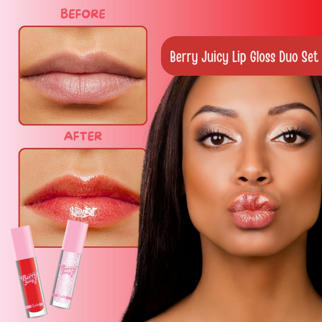 RUDE Cosmetics Berry Juicy Lip Gloss for Women, High Shine Lip Glosses Set, Moisturizing & Hydrating Lipgloss for Girls, Ideal for Day & Night Makeup Looks, Crystalize & Code Red