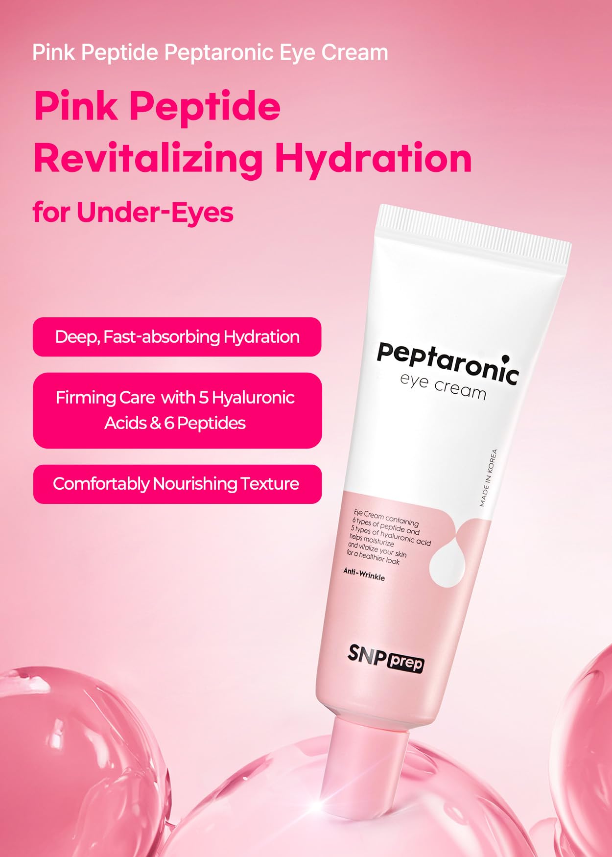Snp 6 Peptides + 5 Hyaluronic Acid Eye Cream | Moisturizing & Soothing Under Eye Cream for Dark Circles and Puffiness | Korean Skincare Eye Repair Lotion | Peptaronic | 1.69 Fl Oz