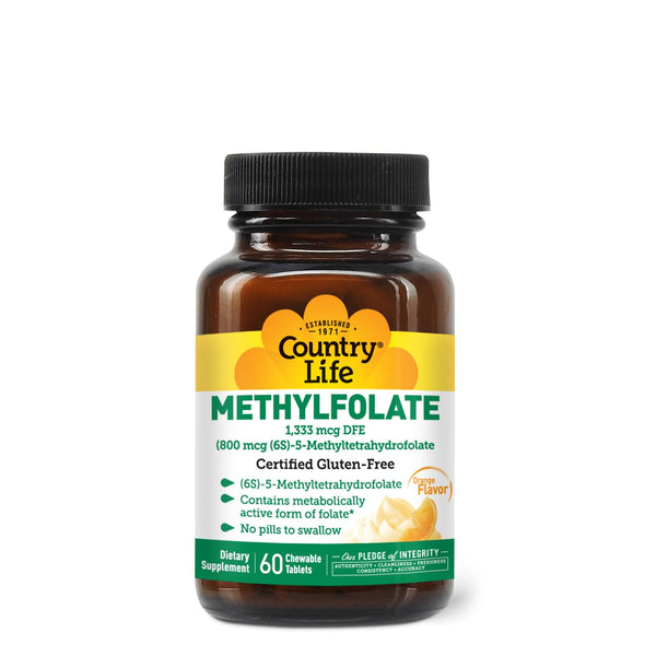 Country Life Methylfolate Chewable Tablets - Metabolically Active Folate - Great Tasting Orange Flavor - Gluten-Free - Smooth Melts - Vegan B12 - Women's Vitamins - Daily Supplement - 60 Tablets