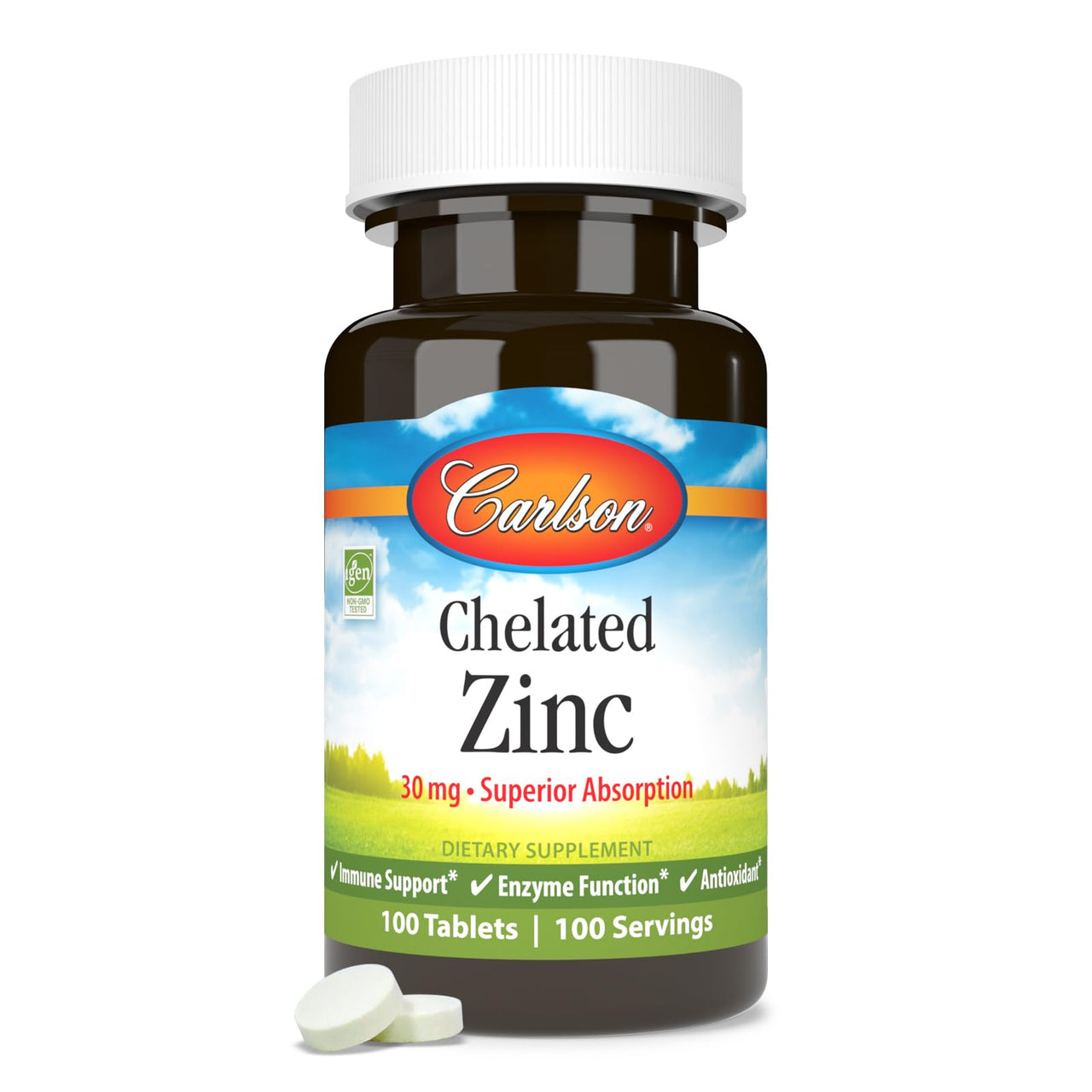 Carlson - Chelated Zinc, 30 mg - Superior Absorption, Immune Support & Enzyme Function, Antioxidant, 100 tablets