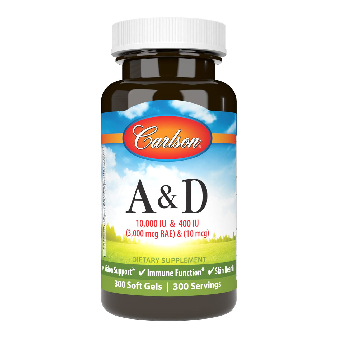 Carlson - A & D, 10000 IU (3000 mcg RAE) Vitamin A, 400 IU (10 mcg) Vitamin D3, Vision Support, Skin Health, 300 Soft Gels