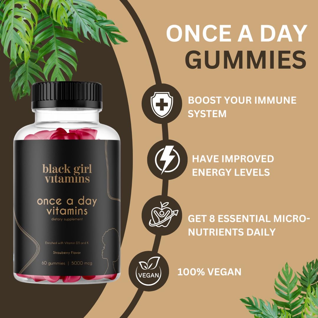 Black Girl Vitamins Once a Day - Womens Multivitamin Gummy - Vitamin A, B, C, E and Zinc. Multivitamin for Women, Immune Support. Vegan, Gluten-Free. Made in The USA (30 Day Supply, Strawberry)