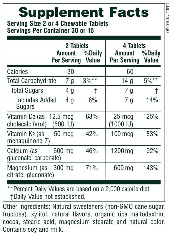 NaturesPlus Cal/Mag/VIT D3 with Vitamin K2-60 Chewable Tablets - Chocolate Flavor - Calcium, Magnesium, Vitamin D3 & K2 Bone Health Support Supplement - 30 Servings