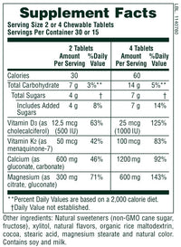 Thumbnail for NaturesPlus Cal/Mag/VIT D3 with Vitamin K2-60 Chewable Tablets - Chocolate Flavor - Calcium, Magnesium, Vitamin D3 & K2 Bone Health Support Supplement - 30 Servings
