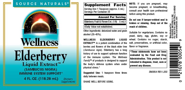 Source Naturals Wellness Elderberry Liquid Extract, for Immune System Support* - Sambucus nigra - 4 Fluid oz