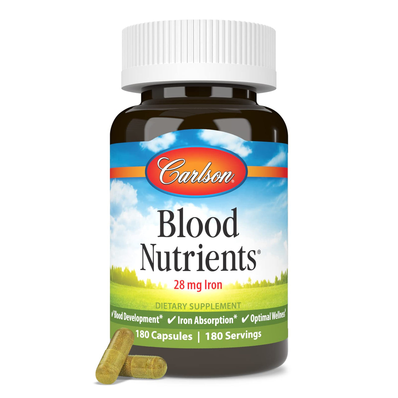 Carlson - Blood Nutrients, 28 mg Iron, Blood Development, Iron Absorption & Optimal Wellness, 180 Capsules