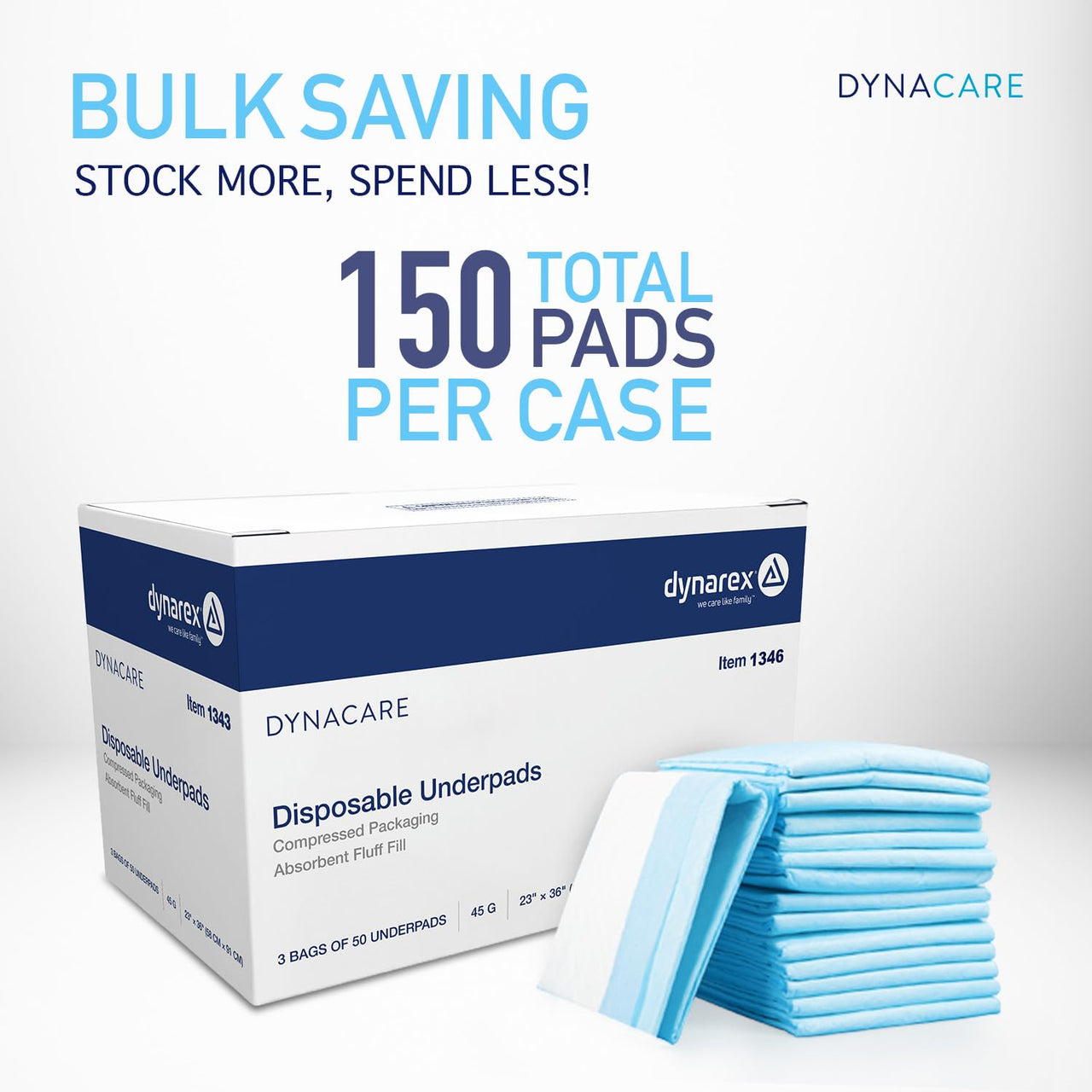 Dynarex Disposable Underpads, Medical-Grade Incontinence Bed Pads to Protect Sheets, Mattresses, and Furniture, 23”x36” (60g), 1 Case of 150 Underpads (3 Boxes of 50)