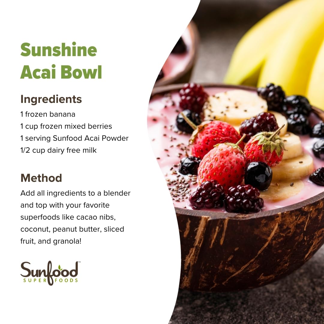 Sunfood Superfoods Organic Acai Powder - Acai Powder Organic, Acai Powder for Smoothie Bowles, Dried Acai Berry Mix with Antioxidants & Vitamin C, 100% Pure, USDA Organic, Non GMO - 4 Oz Bag