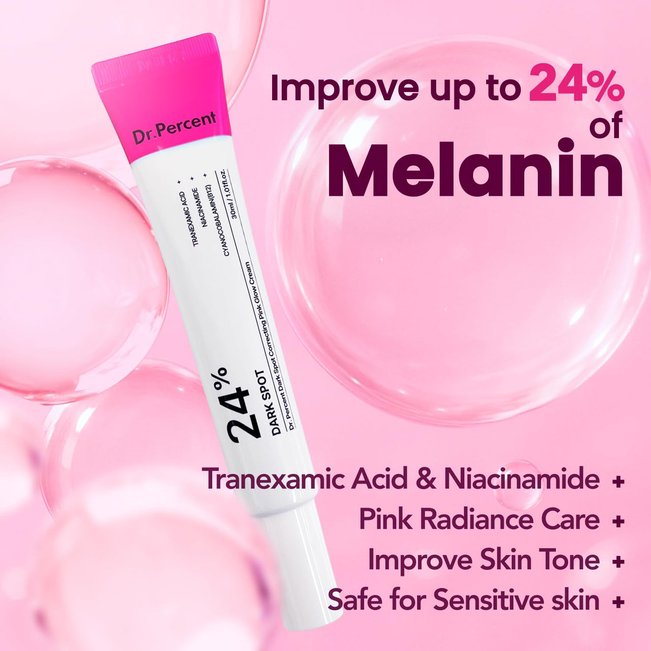 Dr.Percent Dark Spot 24% Correcting Pink Glow Cream | Tranexamic Acid 6%, Niacinamide 5%, Dark Spots, Blemishes, HyperPigmentation, Low-Irritating, Korean Skincare, 30ml, 1.01 fl.oz.
