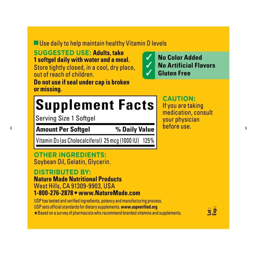 Vitamin D3, 300 Softgels, Vitamin D 1000 IU (25 mcg) Helps Support Immune Health, Strong Bones and Teeth, & Muscle Function, 125% of the Daily Value for Vitamin D in Only One Daily Softgel