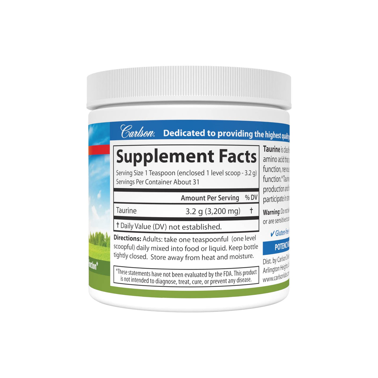 Carlson - Taurine Powder, Free-Form Amino Acid, Support, Nerve Health & Muscle Function, 100 Grams