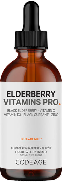 Thumbnail for Codeage Elderberry Vitamins Pro - Organic Black Elderberry Liquid Drops - Vitamin C, D3, Zinc, Black Currant - 2-Month Supply - Black Sambucus Liquid - Supplement for Adults & Kids - 4 fl oz